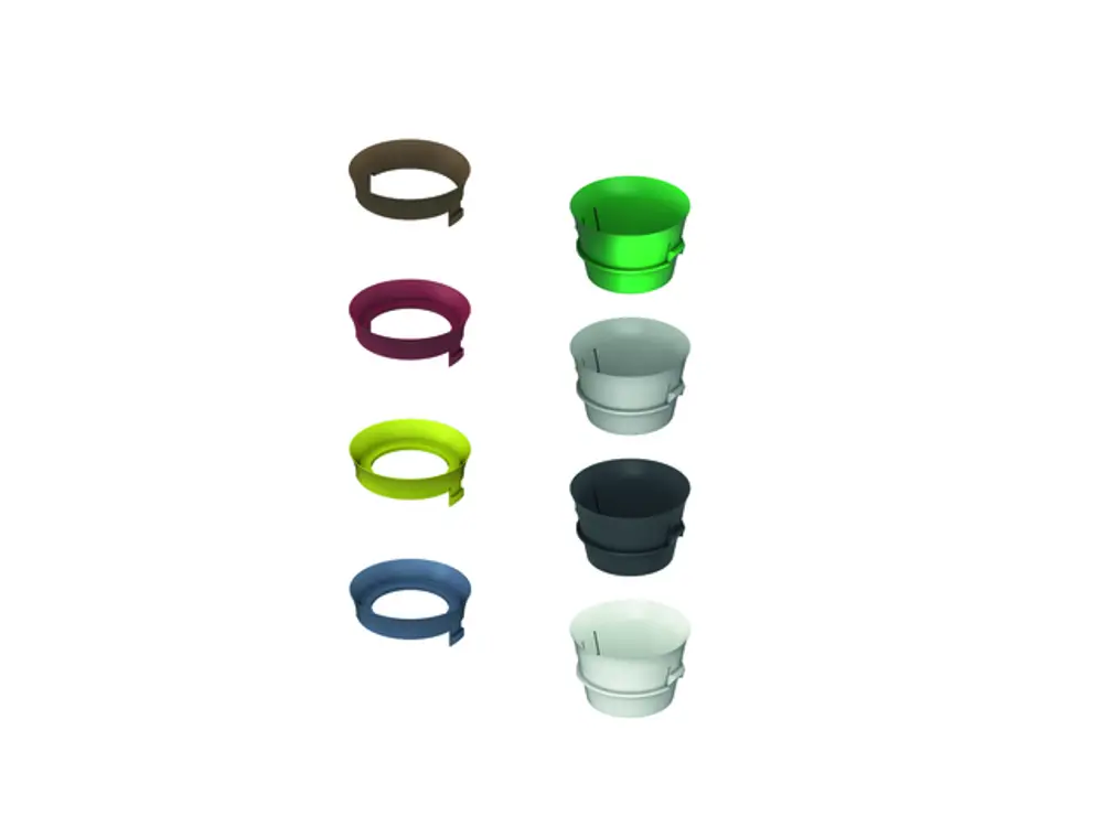 TECE-Drosselset in verschiedenen Farben, bestehend aus Ringen und Behältern, die zur Anpassung von Spülkästen mit einer Bautiefe von 13 cm verwendet werden.